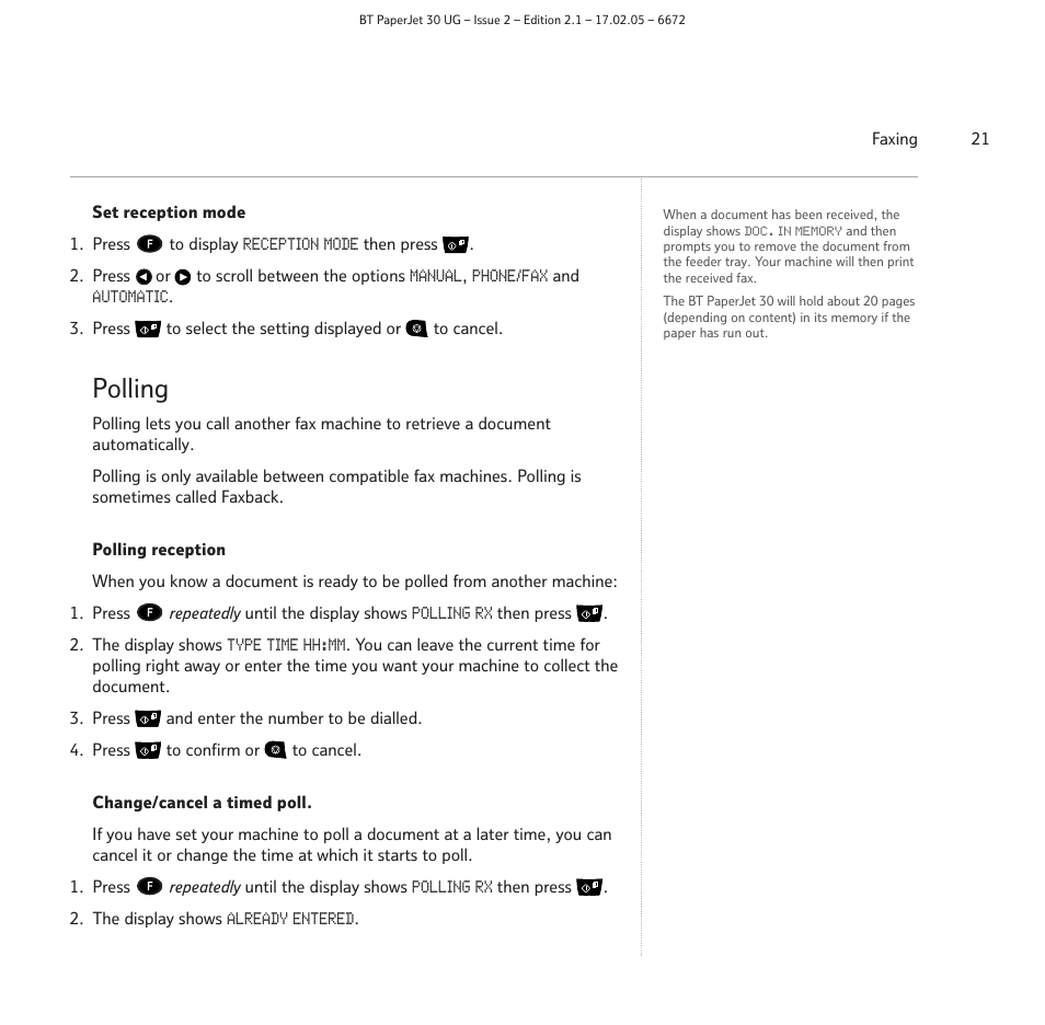 Polling | BT PAPERJET 30 User Manual | Page 21 / 64