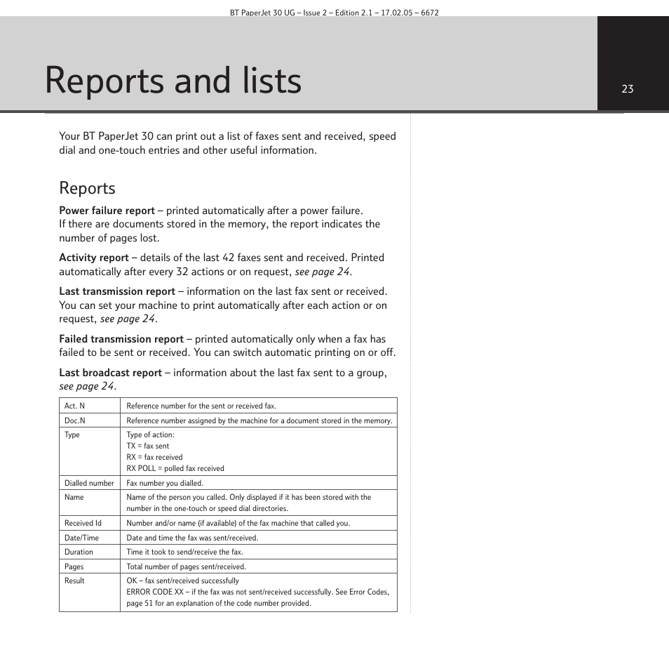 Reports and lists, Reports | BT PAPERJET 30 User Manual | Page 23 / 64