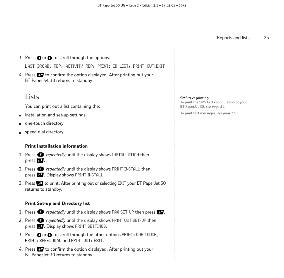 Lists | BT PAPERJET 30 User Manual | Page 25 / 64