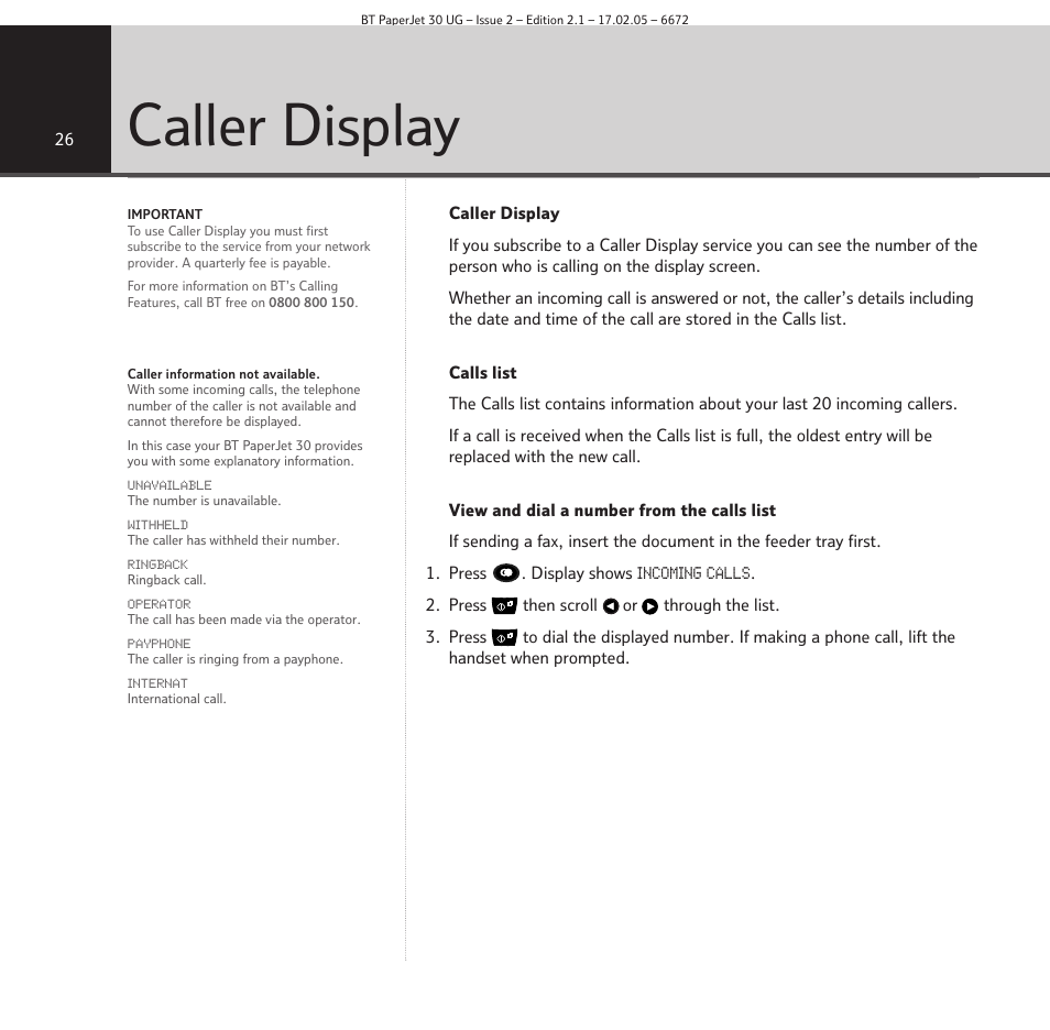 Caller display | BT PAPERJET 30 User Manual | Page 26 / 64