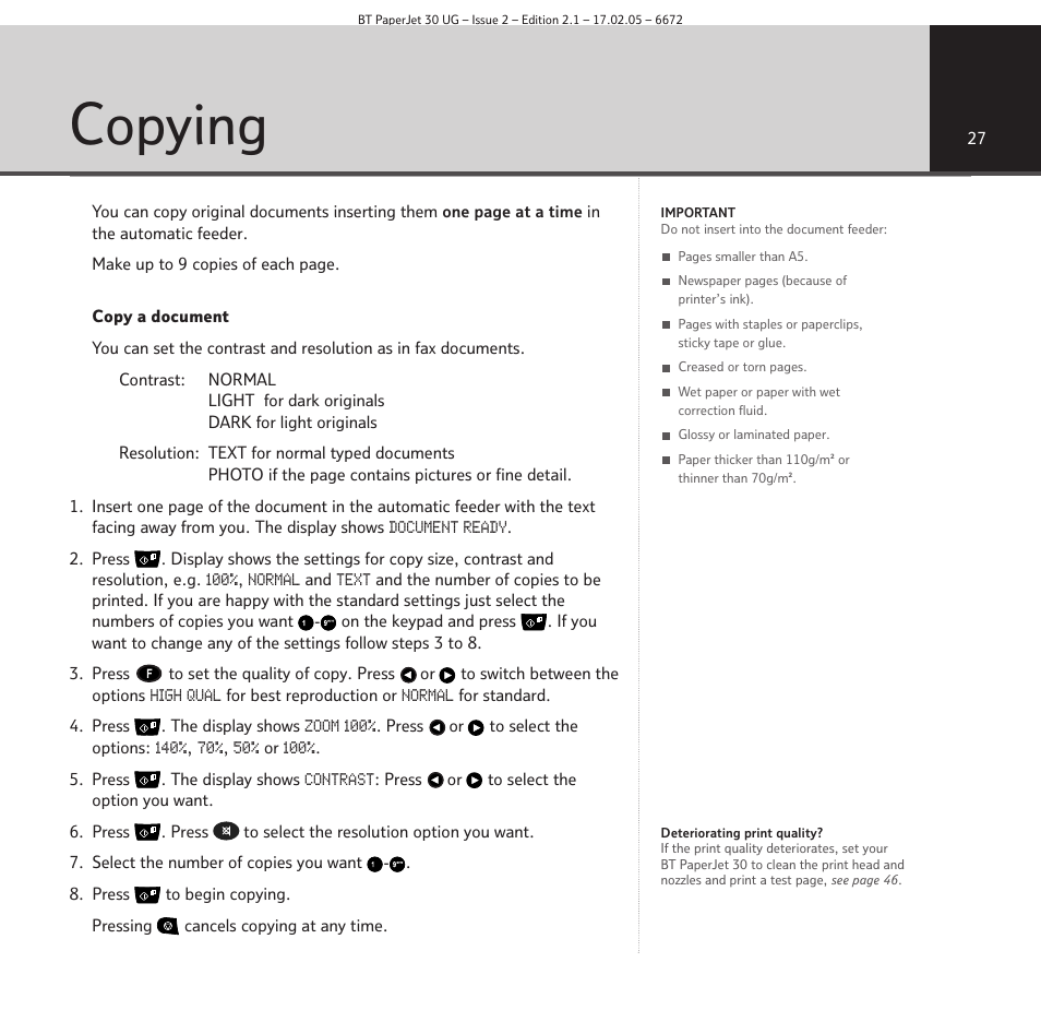 Copying | BT PAPERJET 30 User Manual | Page 27 / 64