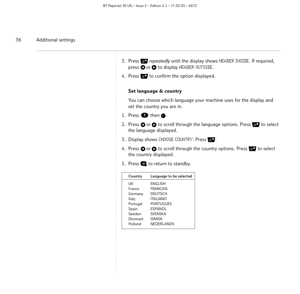 BT PAPERJET 30 User Manual | Page 36 / 64