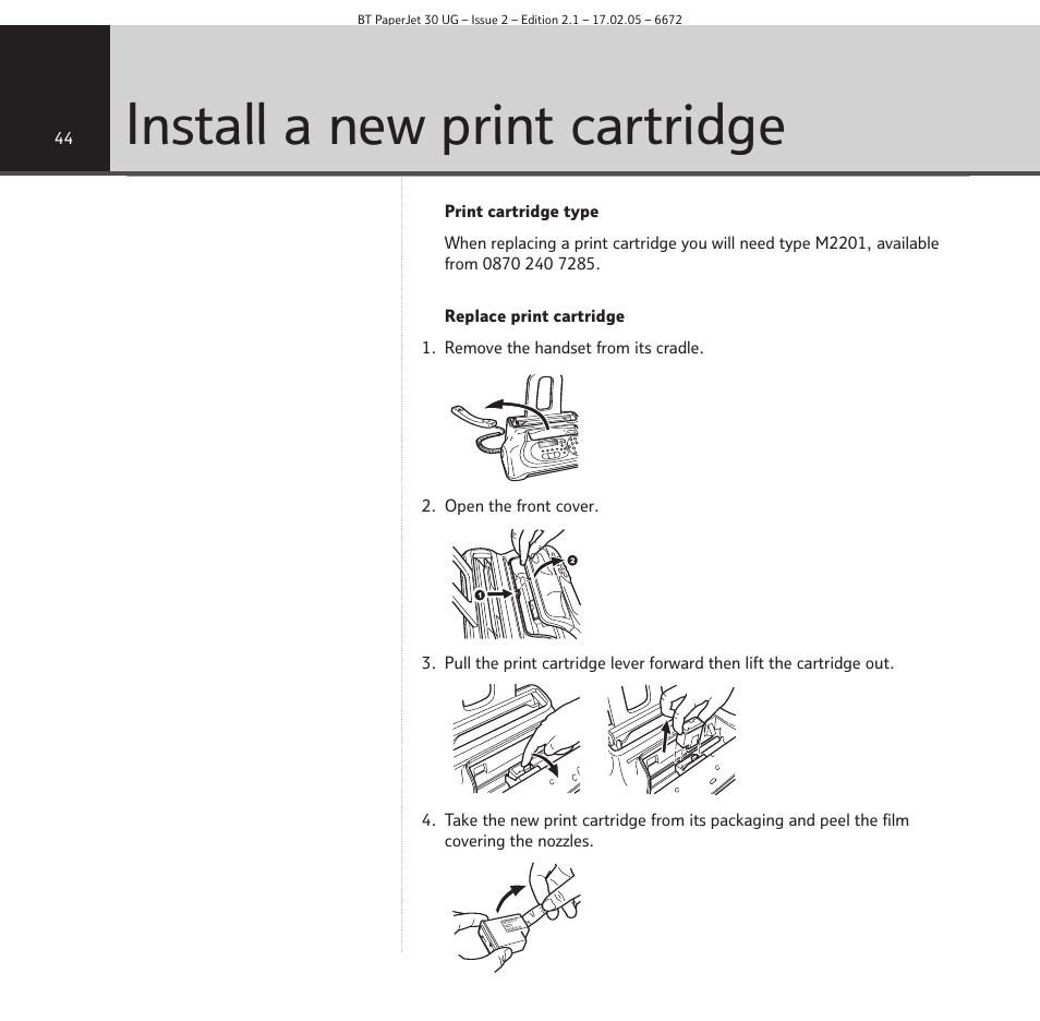 Install a new print cartridge | BT PAPERJET 30 User Manual | Page 44 / 64
