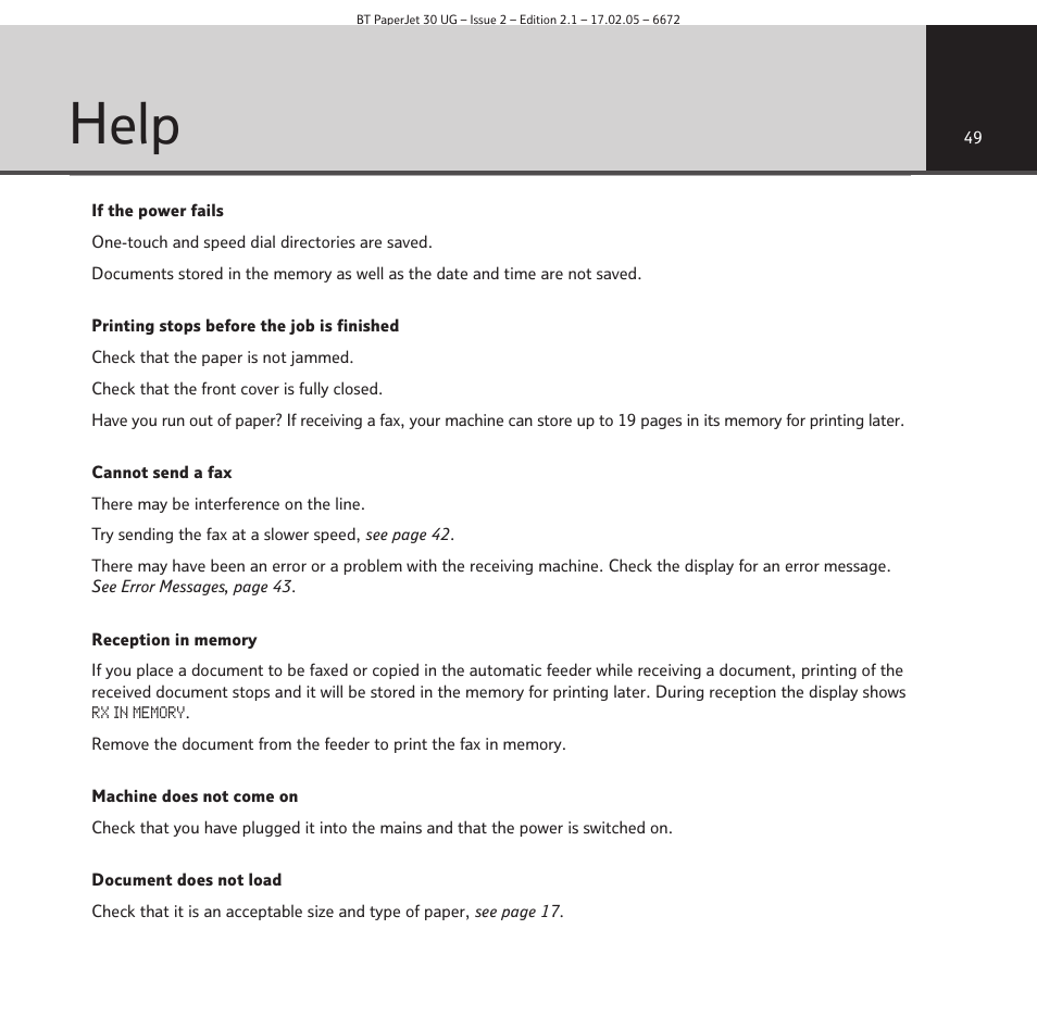 Help | BT PAPERJET 30 User Manual | Page 49 / 64