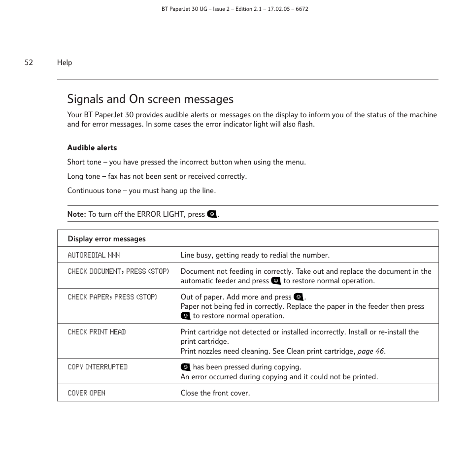 Signals and on screen messages | BT PAPERJET 30 User Manual | Page 52 / 64