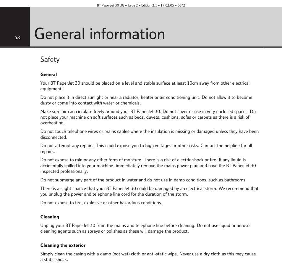 General information, Safety | BT PAPERJET 30 User Manual | Page 58 / 64