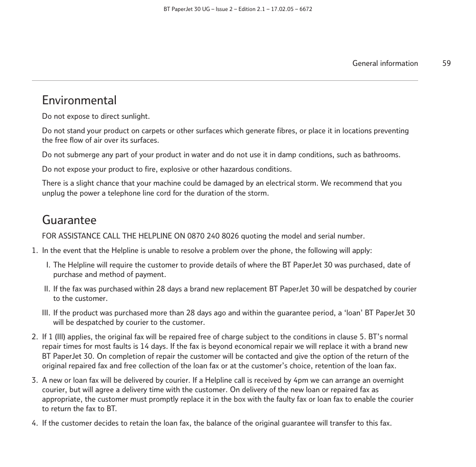 Environmental, Guarantee | BT PAPERJET 30 User Manual | Page 59 / 64