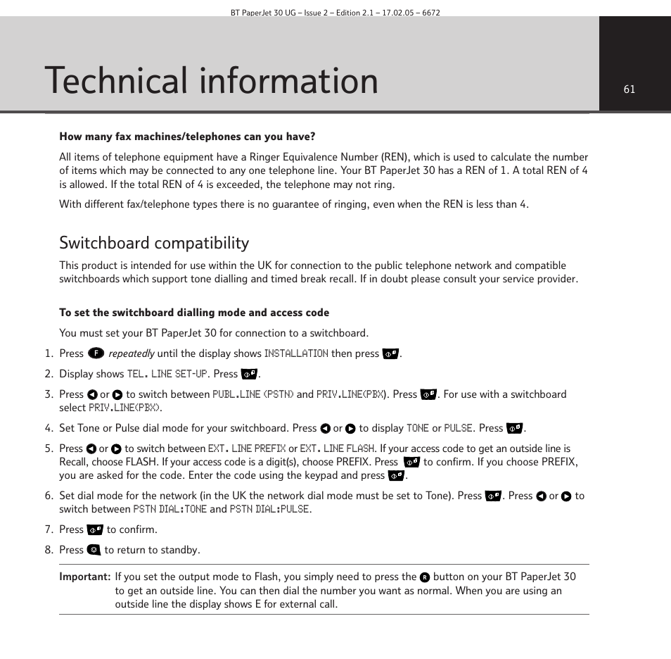 Technical information, Switchboard compatibility | BT PAPERJET 30 User Manual | Page 61 / 64