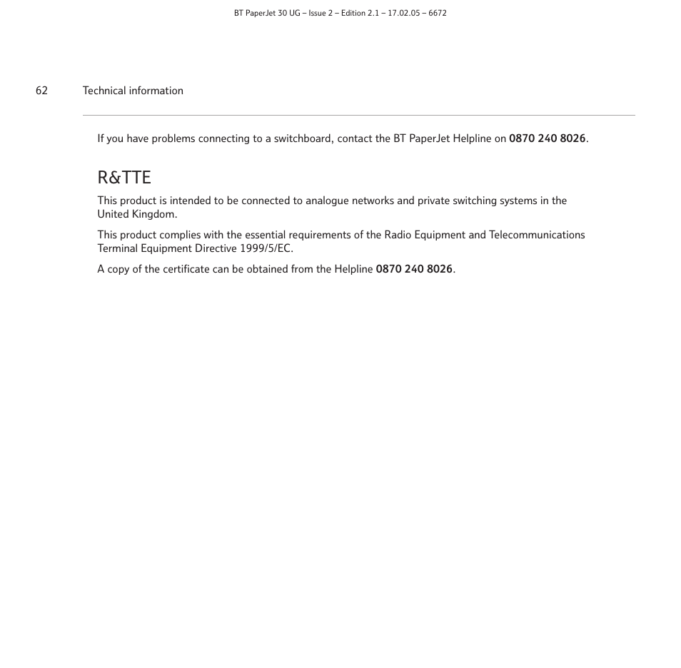 R&tte | BT PAPERJET 30 User Manual | Page 62 / 64