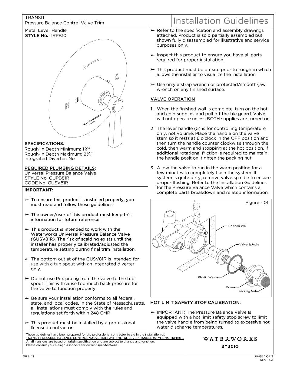 Waterworks Transit Pressure Balance Control Valve Trim with Metal Lever Handle User Manual | 10 pages