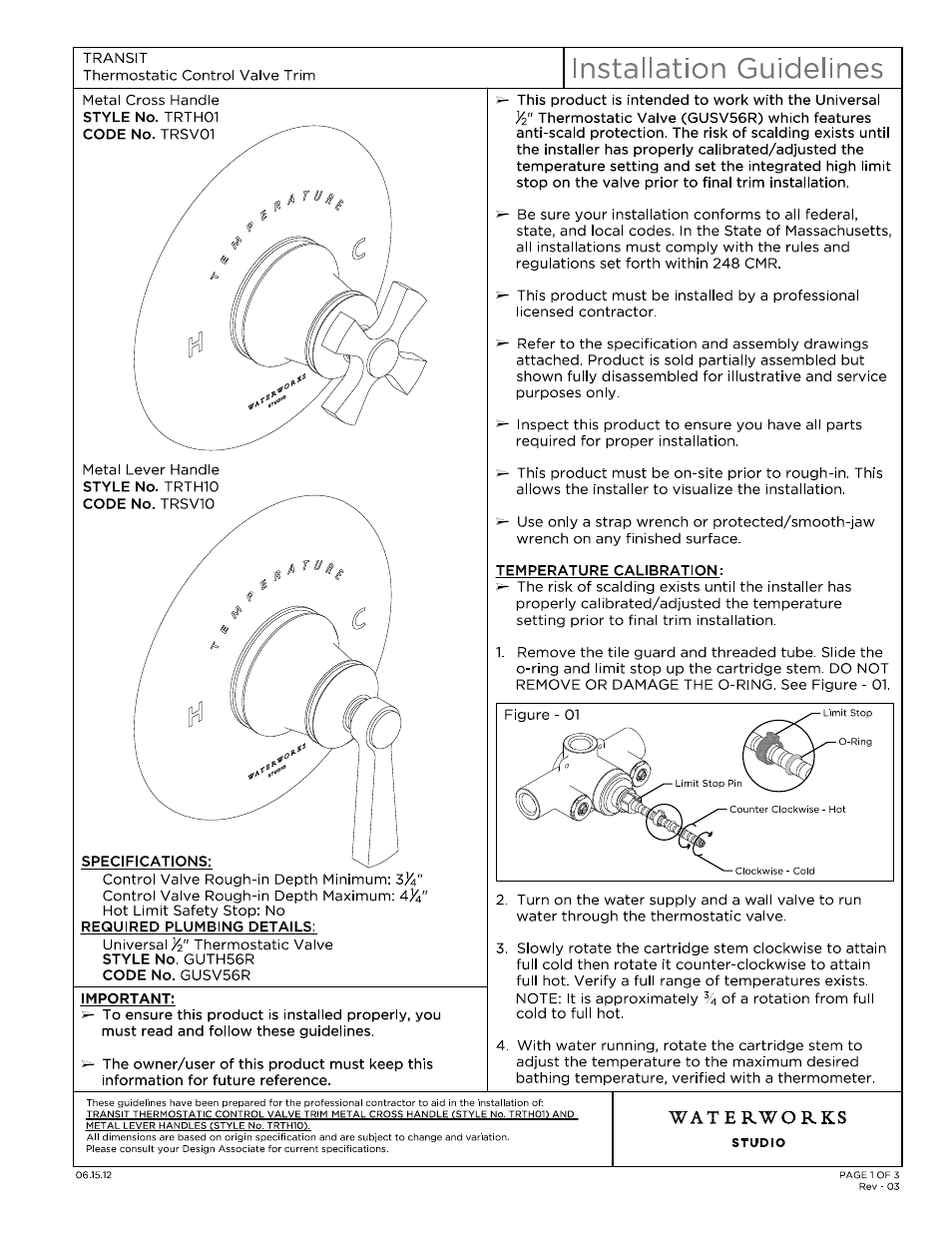 Waterworks Transit Thermostatic Control Valve Trim with Metal Lever Handle User Manual | 10 pages