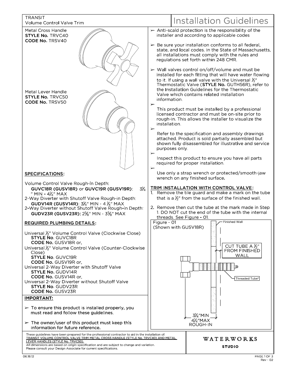 Waterworks Transit Volume Control Valve Trim with Metal Lever Handles User Manual | 10 pages