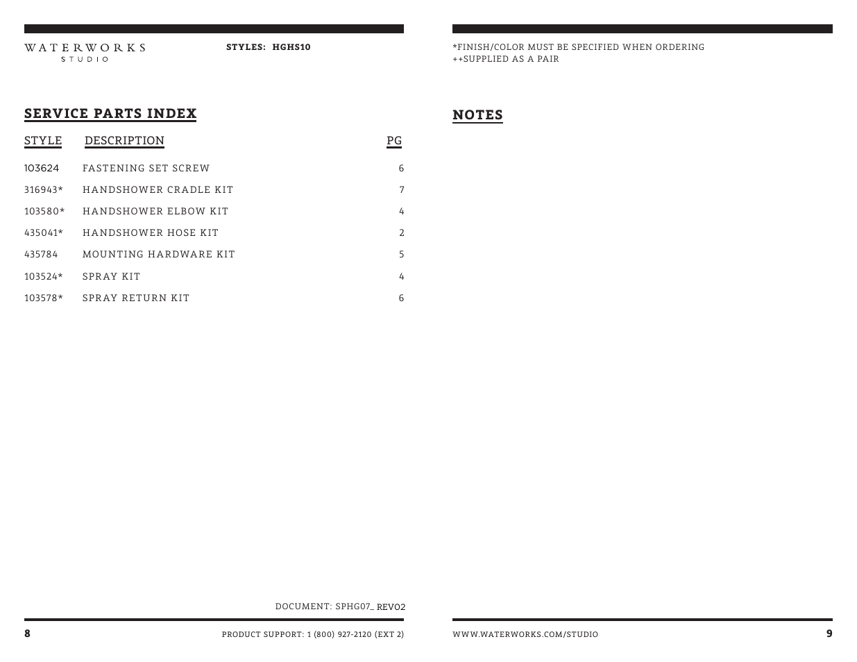 Service parts index | Waterworks Highgate Handshower On Bar with White Porcelain Handle User Manual | Page 6 / 7