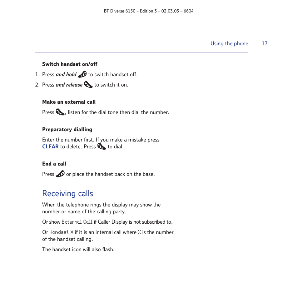Receiving calls | BT Diverse 6150 User Manual | Page 17 / 88