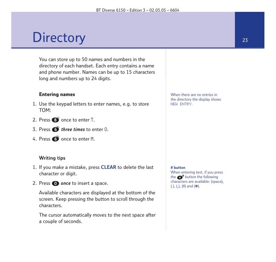 Directory | BT Diverse 6150 User Manual | Page 23 / 88