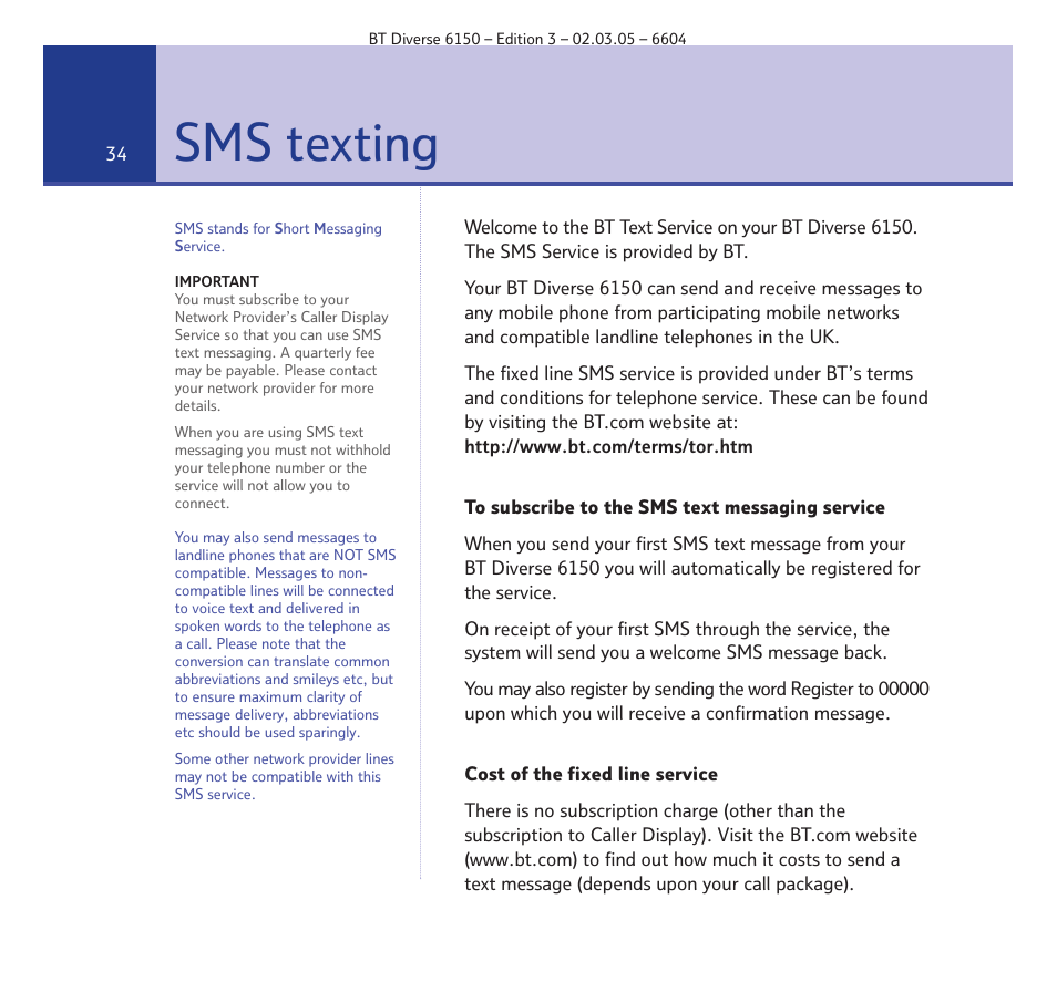 Sms texting | BT Diverse 6150 User Manual | Page 34 / 88