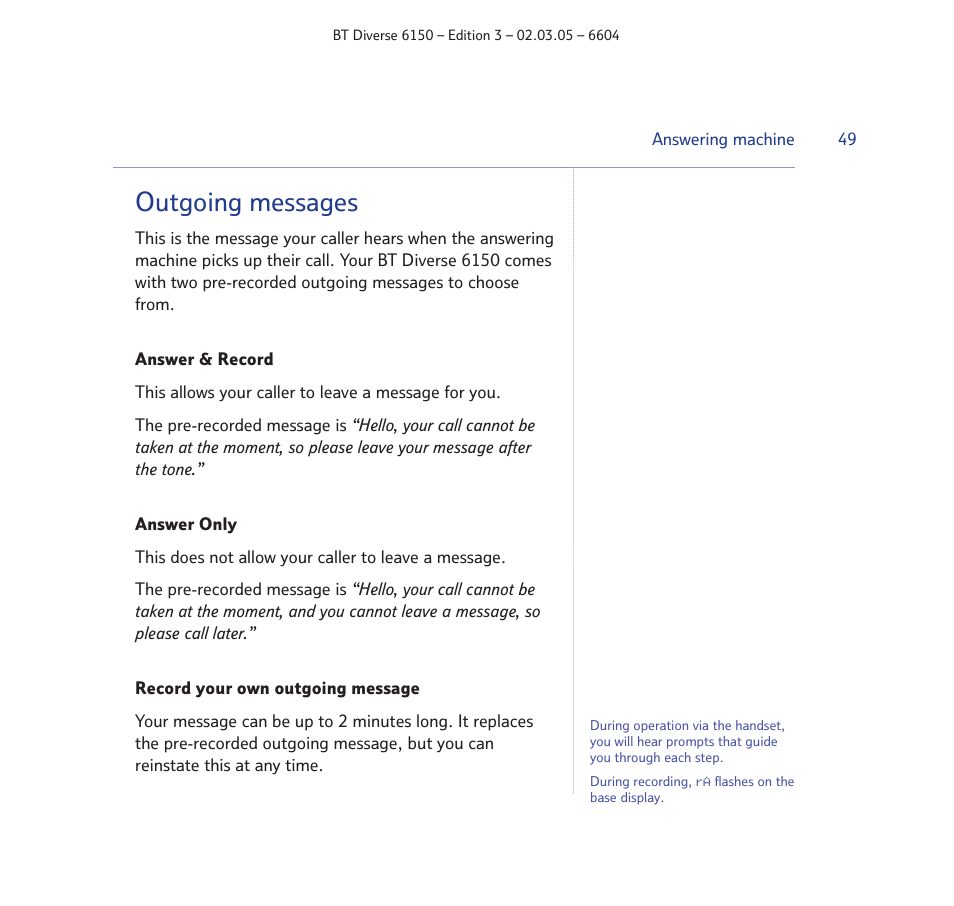 Outgoing messages | BT Diverse 6150 User Manual | Page 49 / 88