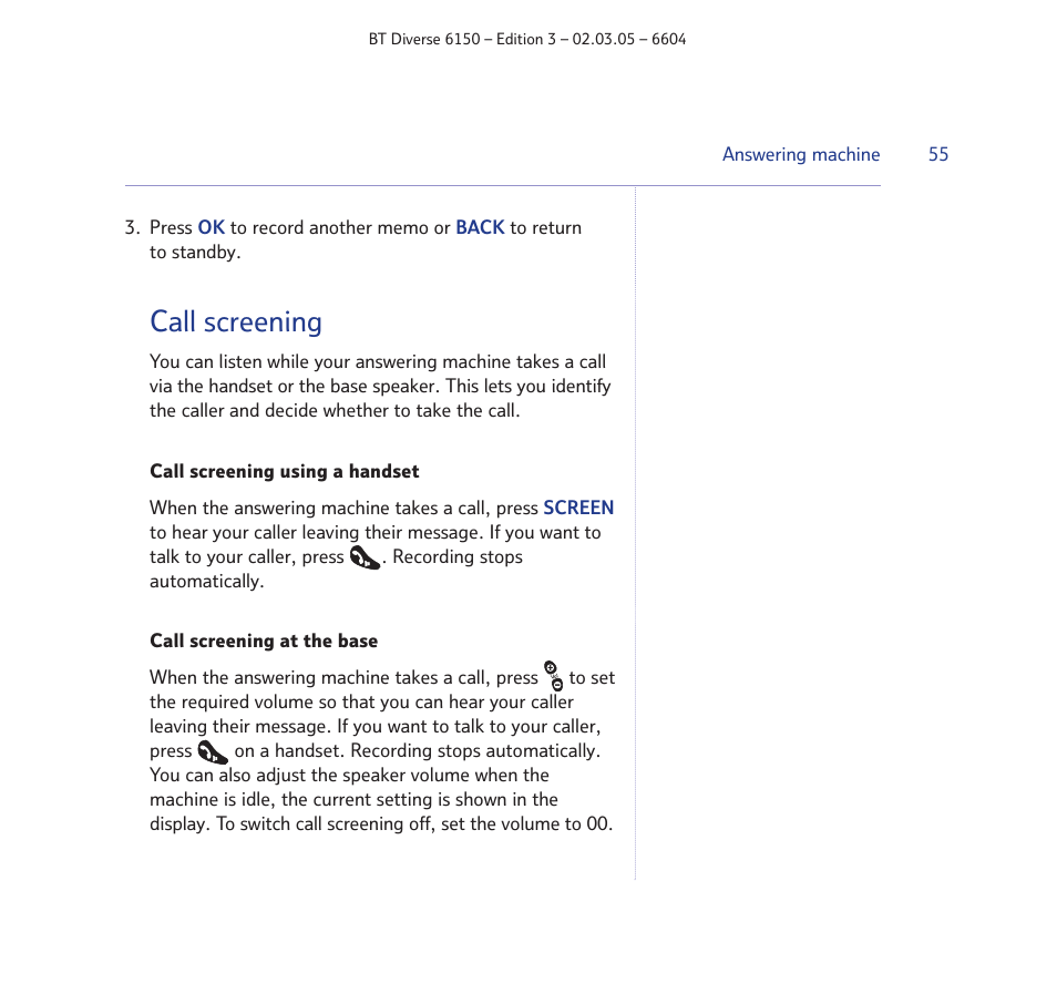 Call screening | BT Diverse 6150 User Manual | Page 55 / 88