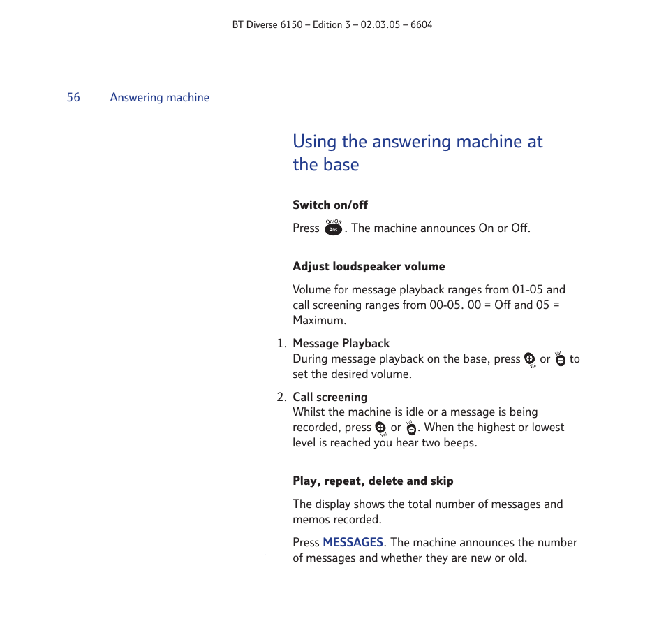 Using the answering machine at the base | BT Diverse 6150 User Manual | Page 56 / 88