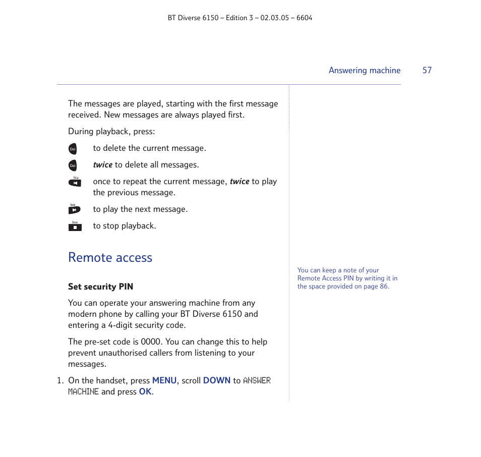 Remote access | BT Diverse 6150 User Manual | Page 57 / 88