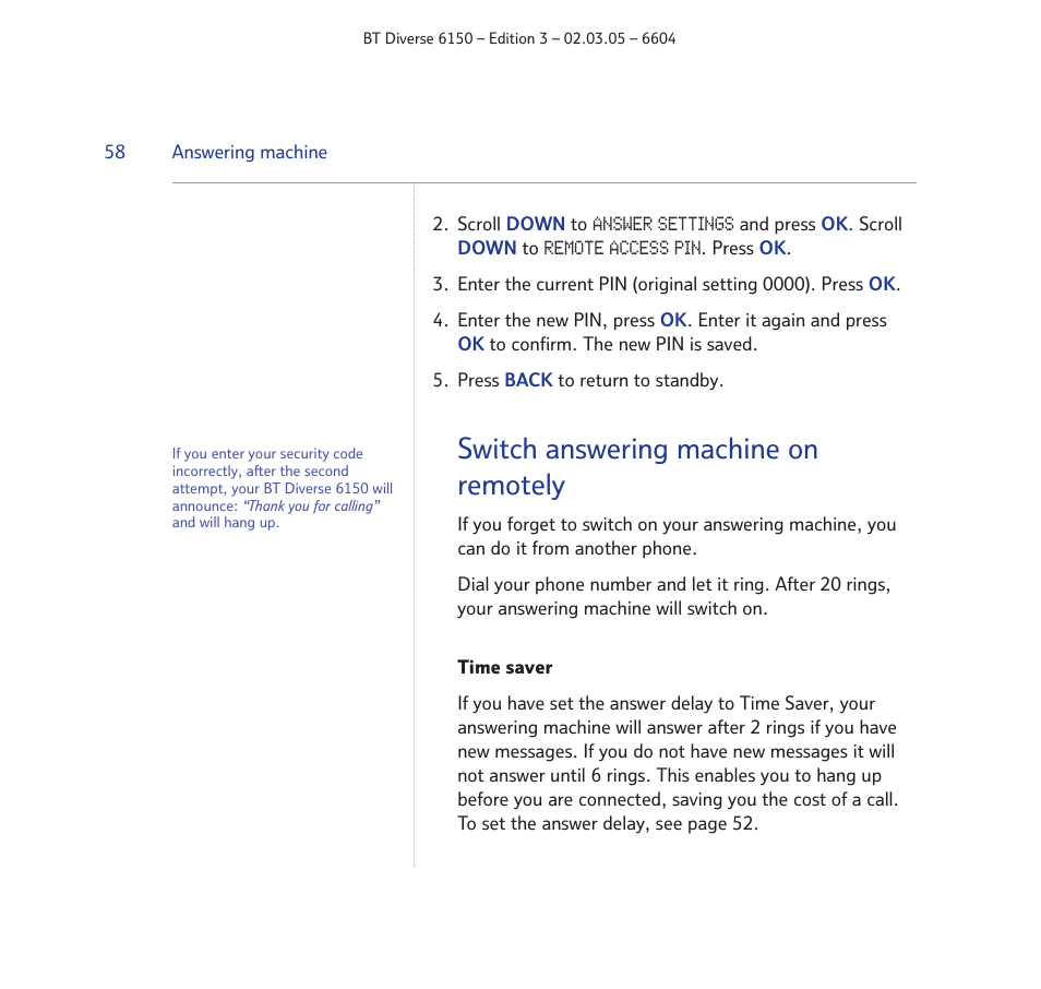 Switch answering machine on remotely | BT Diverse 6150 User Manual | Page 58 / 88