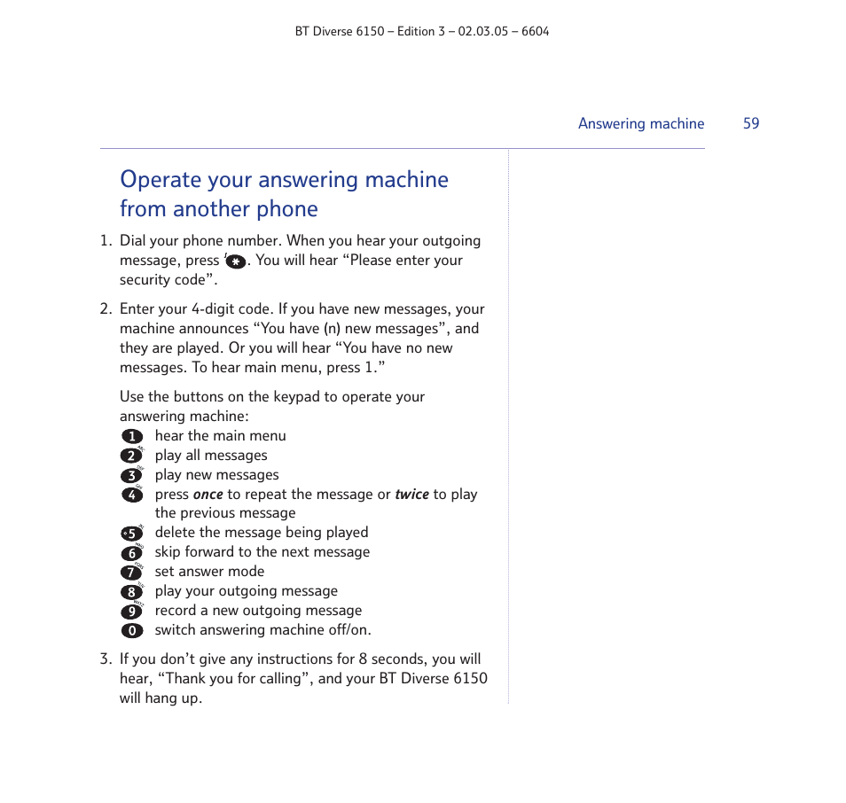 Operate your answering machine from another phone | BT Diverse 6150 User Manual | Page 59 / 88