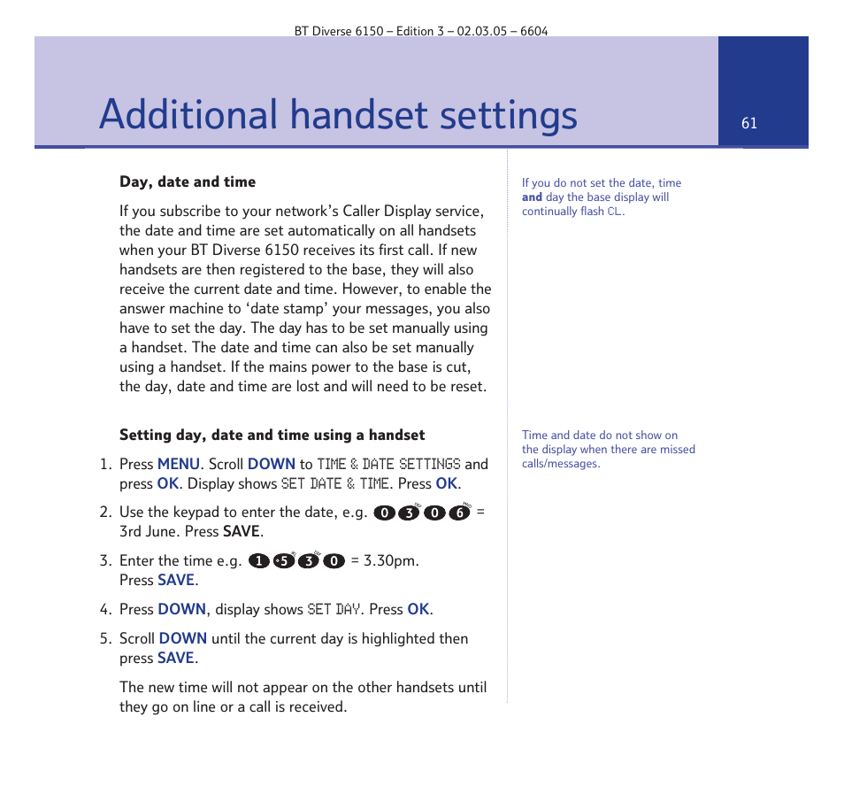 Additional handset settings | BT Diverse 6150 User Manual | Page 61 / 88