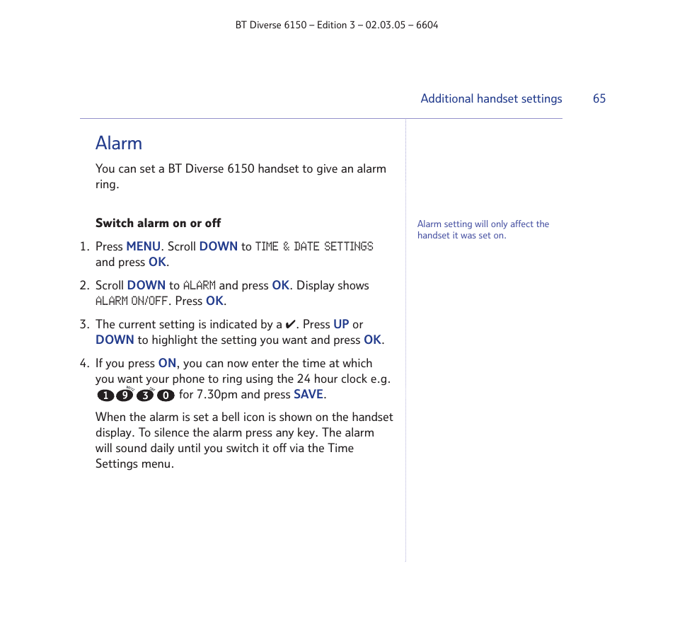 Alarm | BT Diverse 6150 User Manual | Page 65 / 88