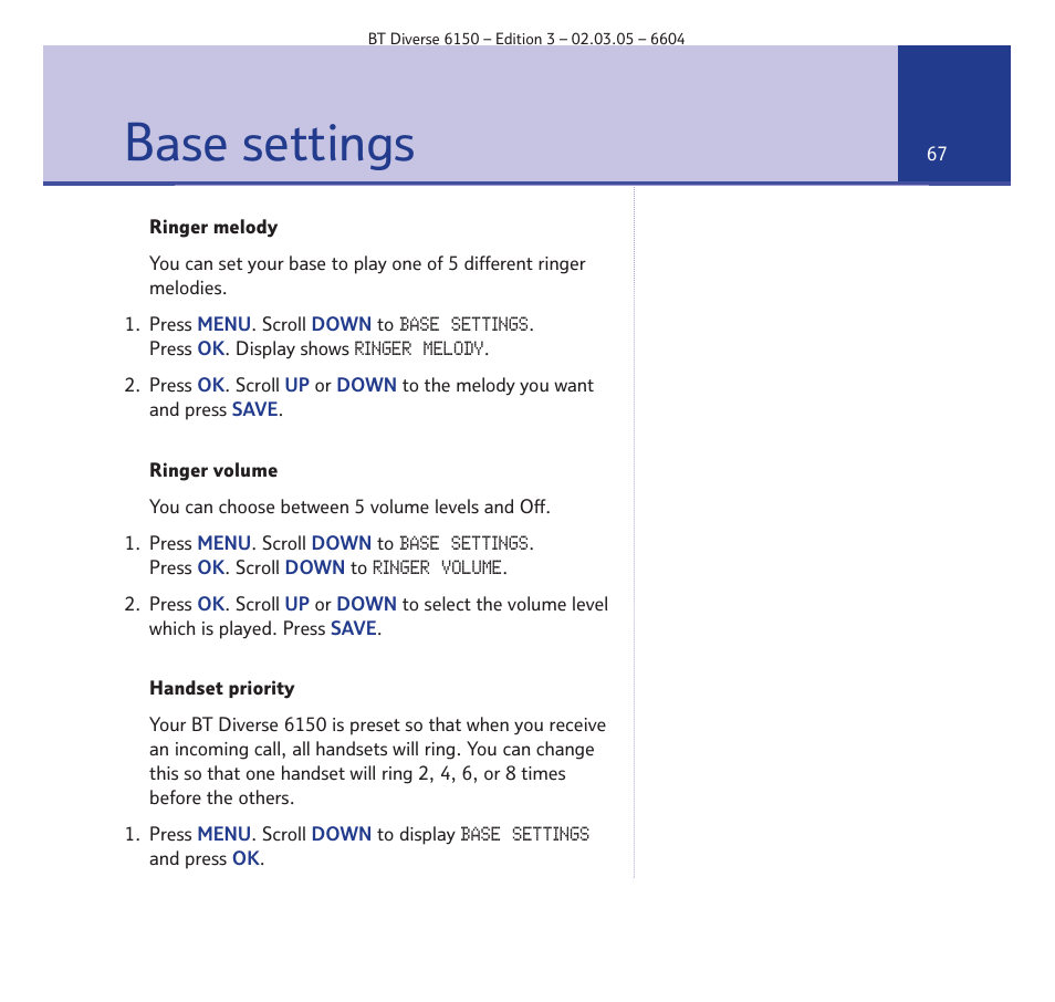 Base settings | BT Diverse 6150 User Manual | Page 67 / 88