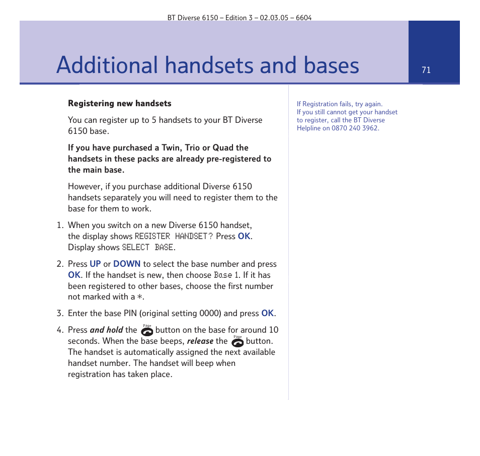 Additional handsets and bases | BT Diverse 6150 User Manual | Page 71 / 88