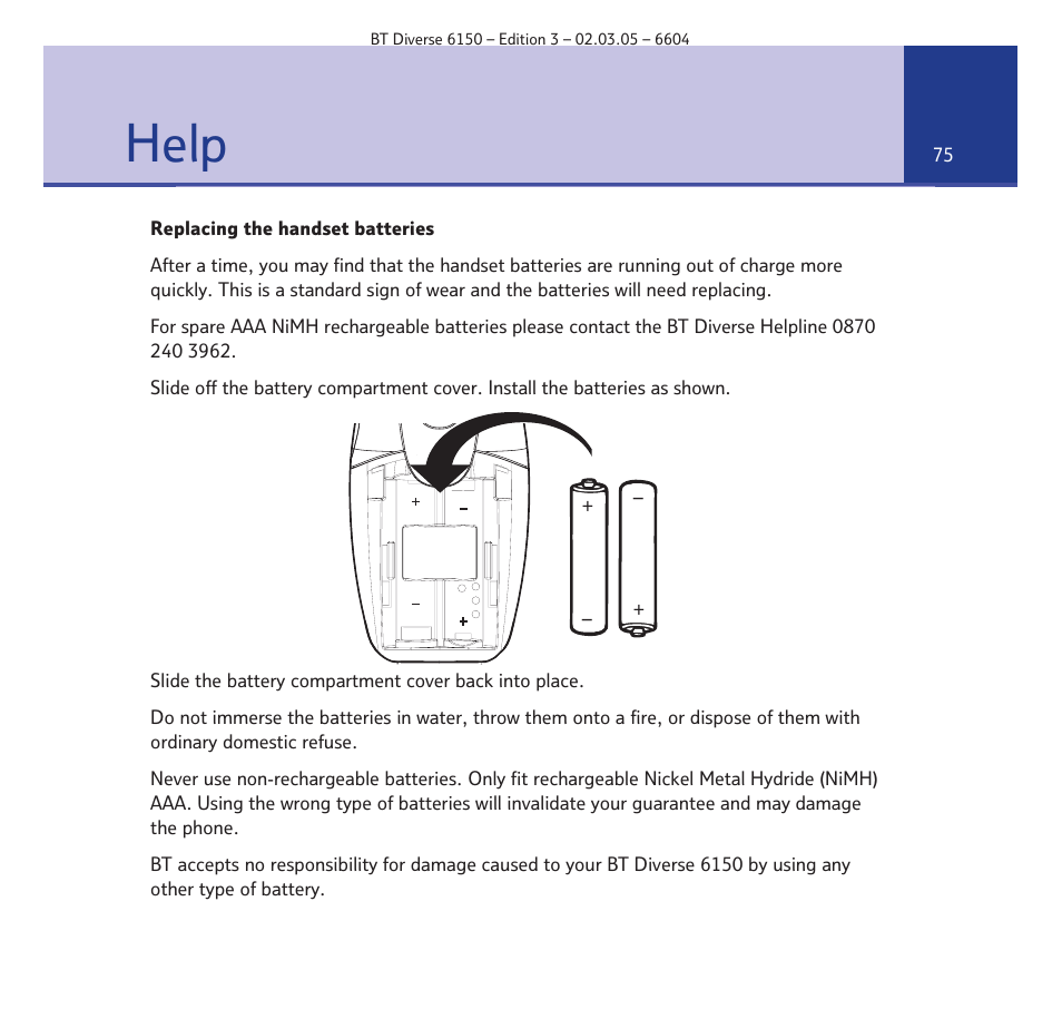 Help | BT Diverse 6150 User Manual | Page 75 / 88