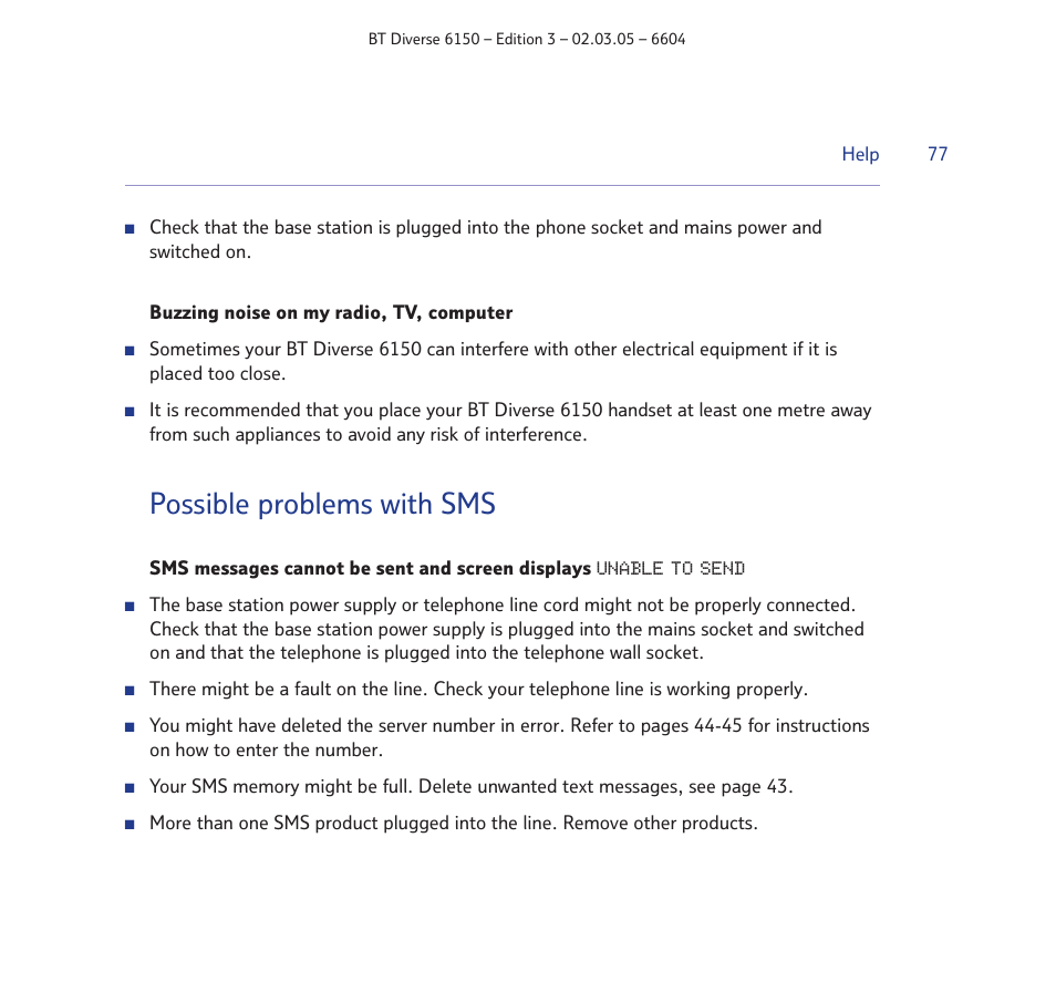 Possible problems with sms | BT Diverse 6150 User Manual | Page 77 / 88