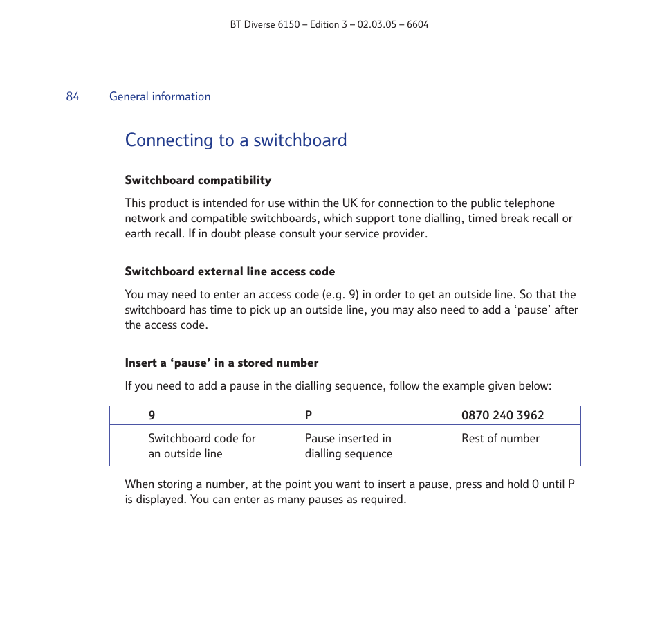 Connecting to a switchboard | BT Diverse 6150 User Manual | Page 84 / 88