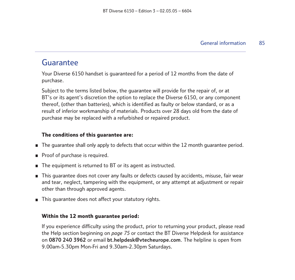 Guarantee | BT Diverse 6150 User Manual | Page 85 / 88
