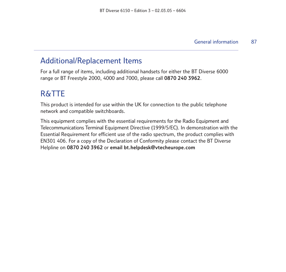 Additional/replacement items, R&tte | BT Diverse 6150 User Manual | Page 87 / 88