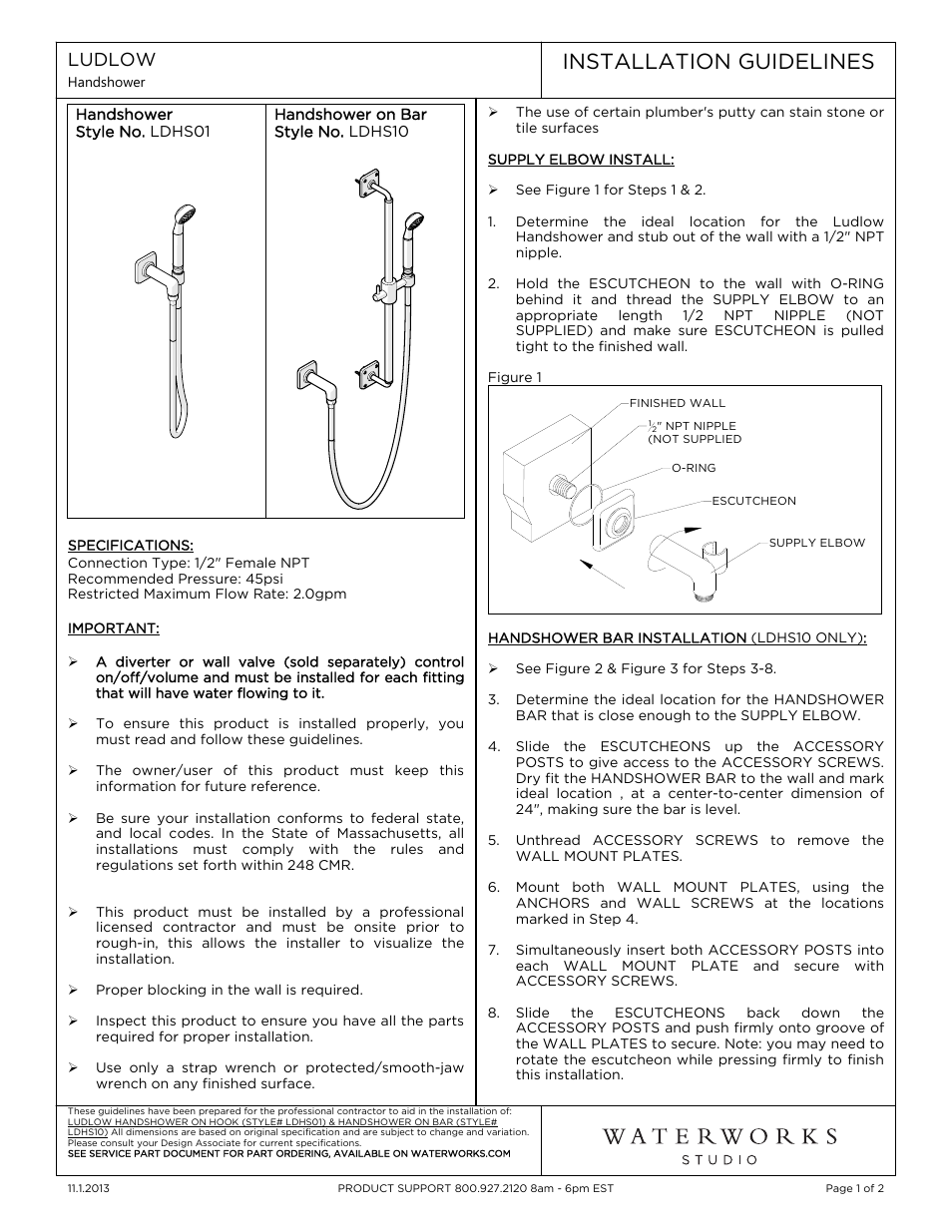 Waterworks Ludlow Handshower On Bar with Metal Handle User Manual | 2 pages