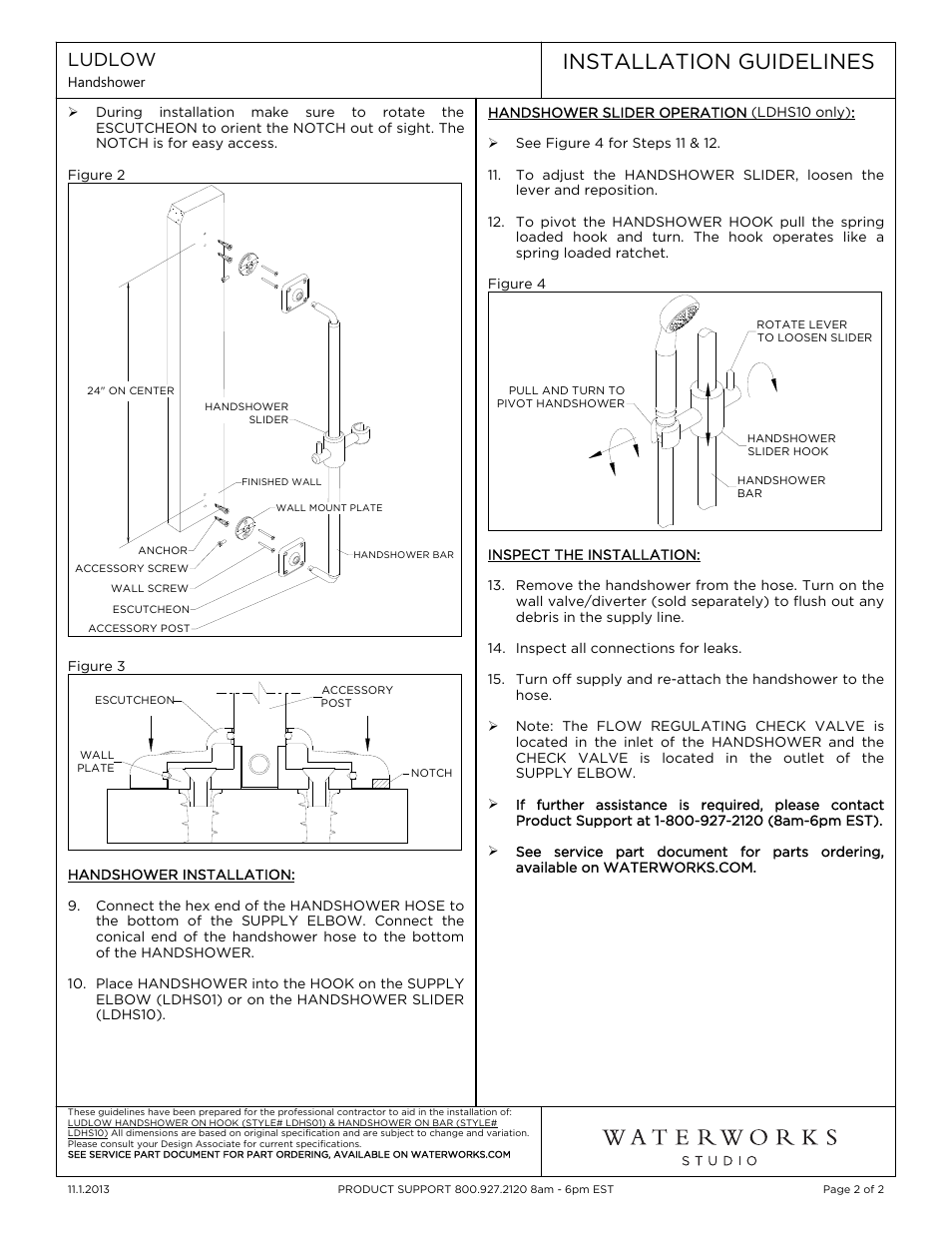 Installation guidelines, Ludlow | Waterworks Ludlow Handshower On Bar with Metal Handle User Manual | Page 2 / 2