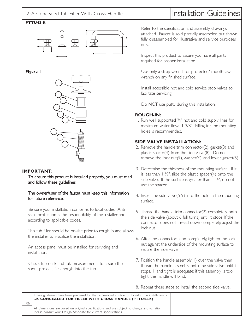 Waterworks .25 Deck Mounted Low Profile Concealed Tub Filler with Handshower and Metal Cross Handles User Manual | 2 pages