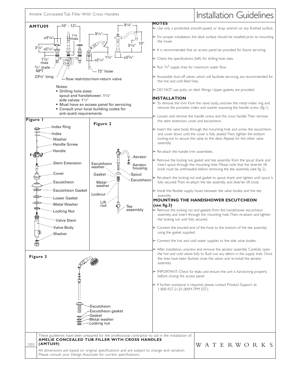 Waterworks Amelie Deck Mounted High Profile Concealed Tub Filler with White Porcelain Handshower and Metal Cross Handles User Manual | 1 page