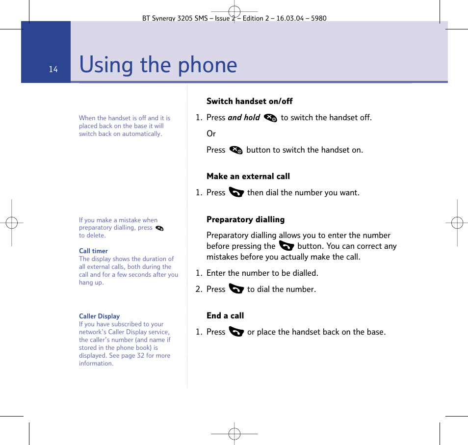 Using the phone | BT 3205 User Manual | Page 14 / 68