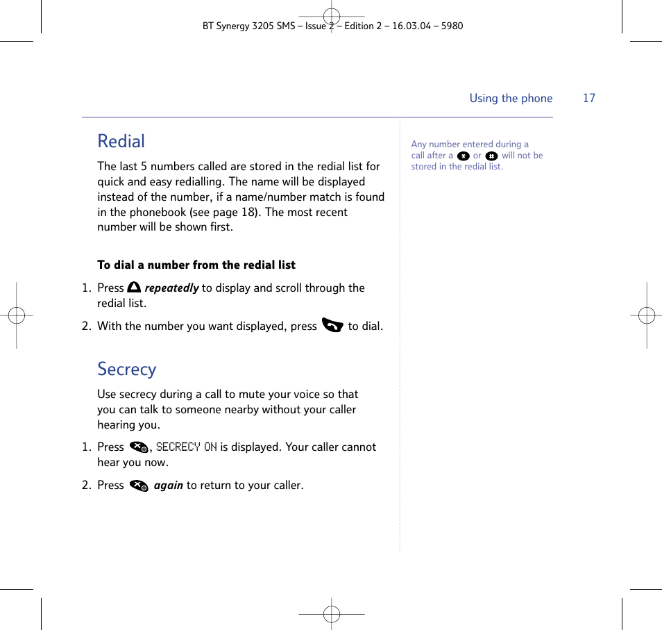Redial, Secrecy | BT 3205 User Manual | Page 17 / 68