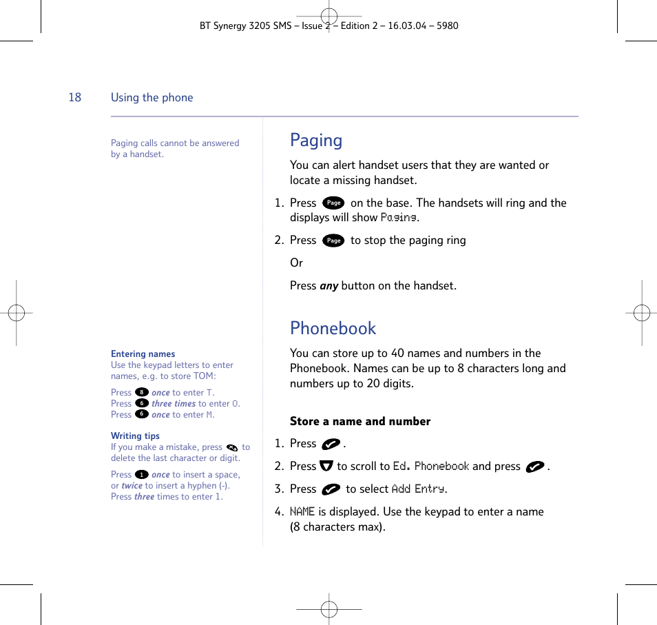 Paging, Phonebook | BT 3205 User Manual | Page 18 / 68