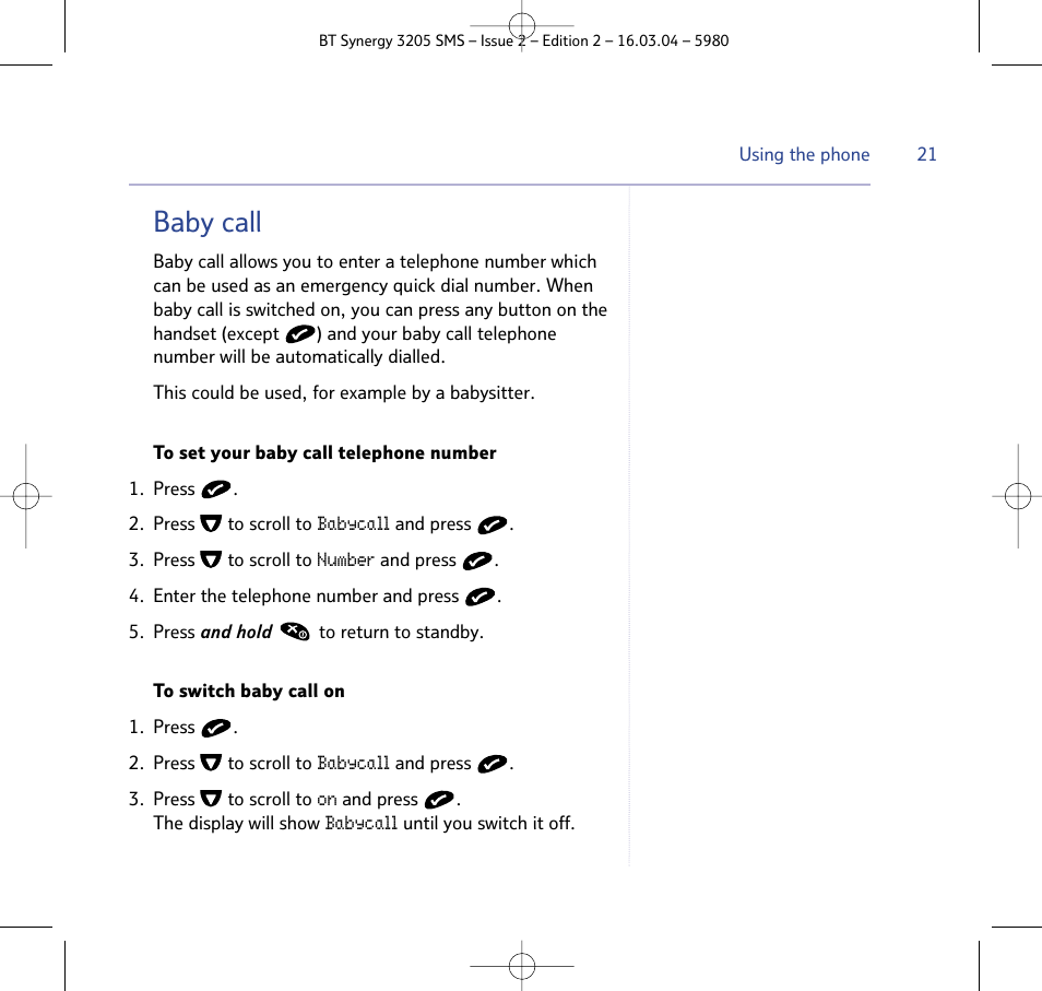 Baby call | BT 3205 User Manual | Page 21 / 68