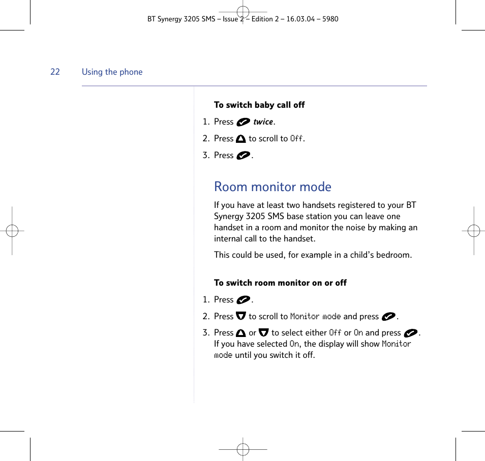 Room monitor mode | BT 3205 User Manual | Page 22 / 68