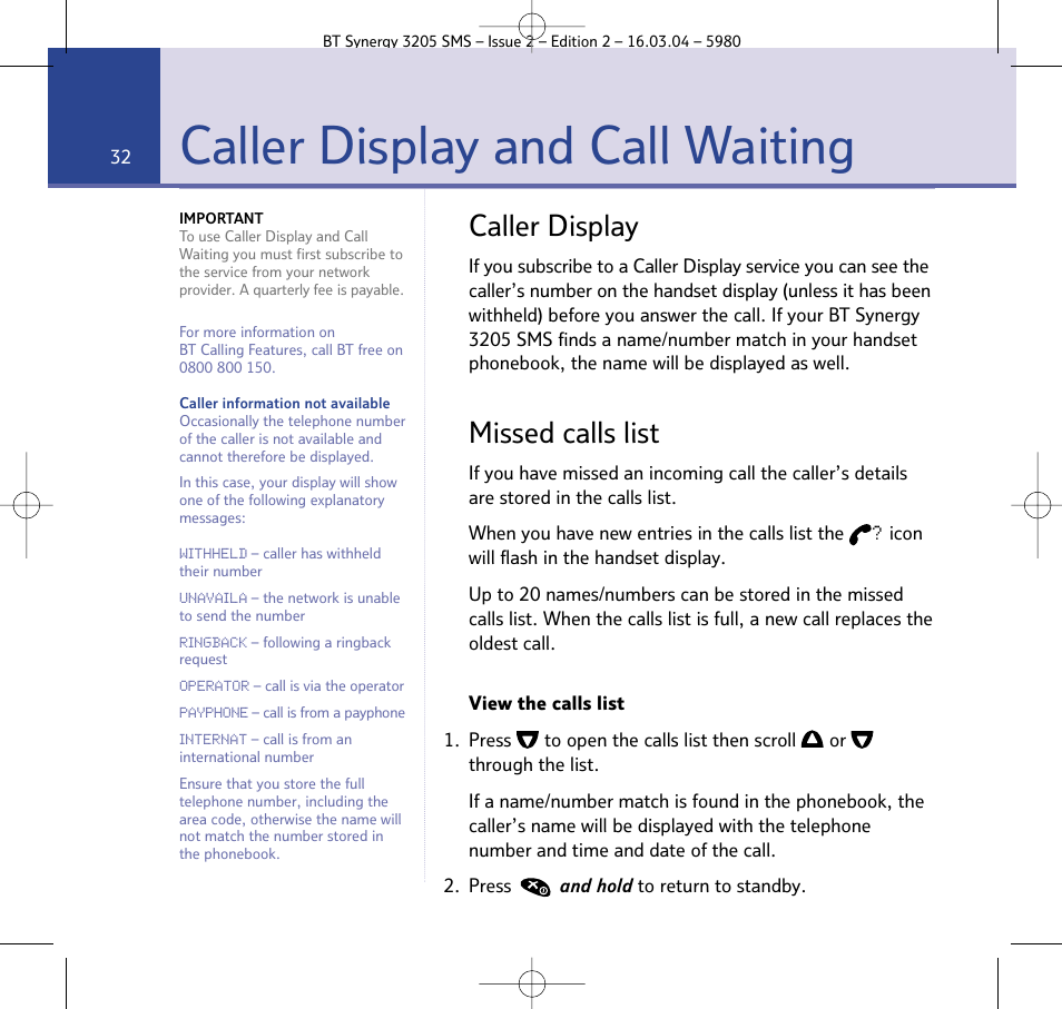 Caller display and call waiting, Caller display, Missed calls list | BT 3205 User Manual | Page 32 / 68