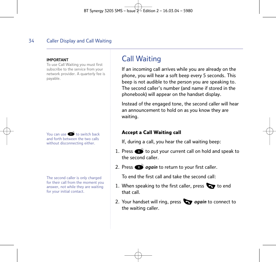 Call waiting | BT 3205 User Manual | Page 34 / 68