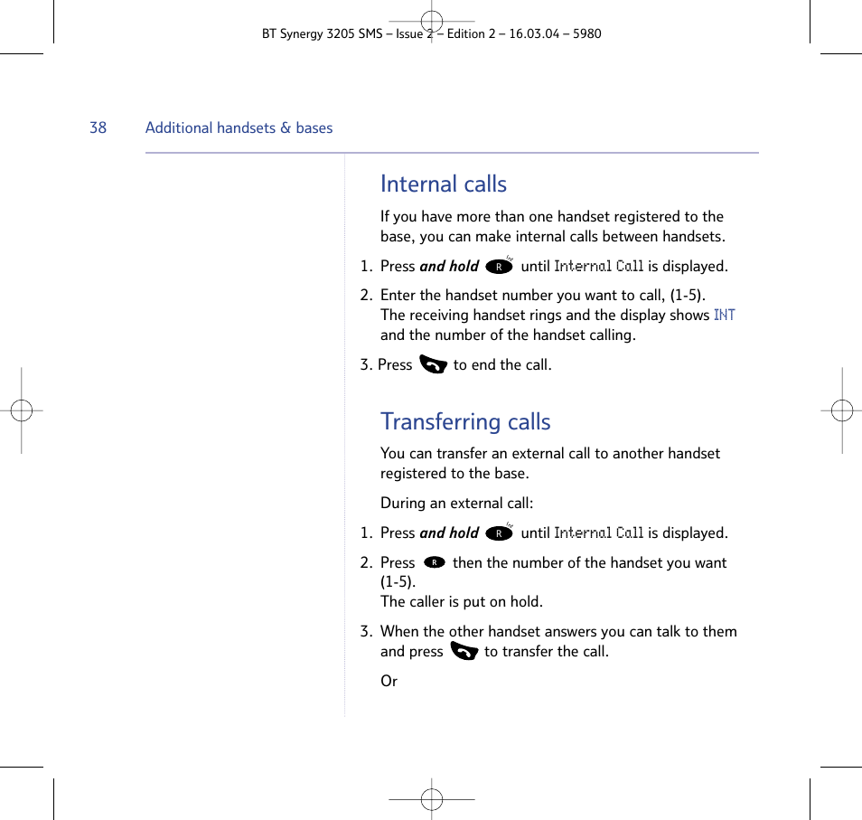 Internal calls, Transferring calls | BT 3205 User Manual | Page 38 / 68