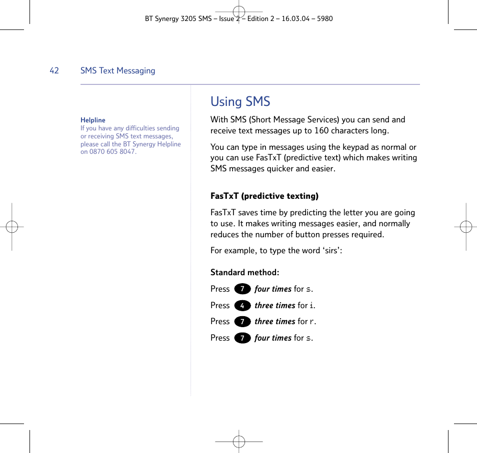 Using sms | BT 3205 User Manual | Page 42 / 68