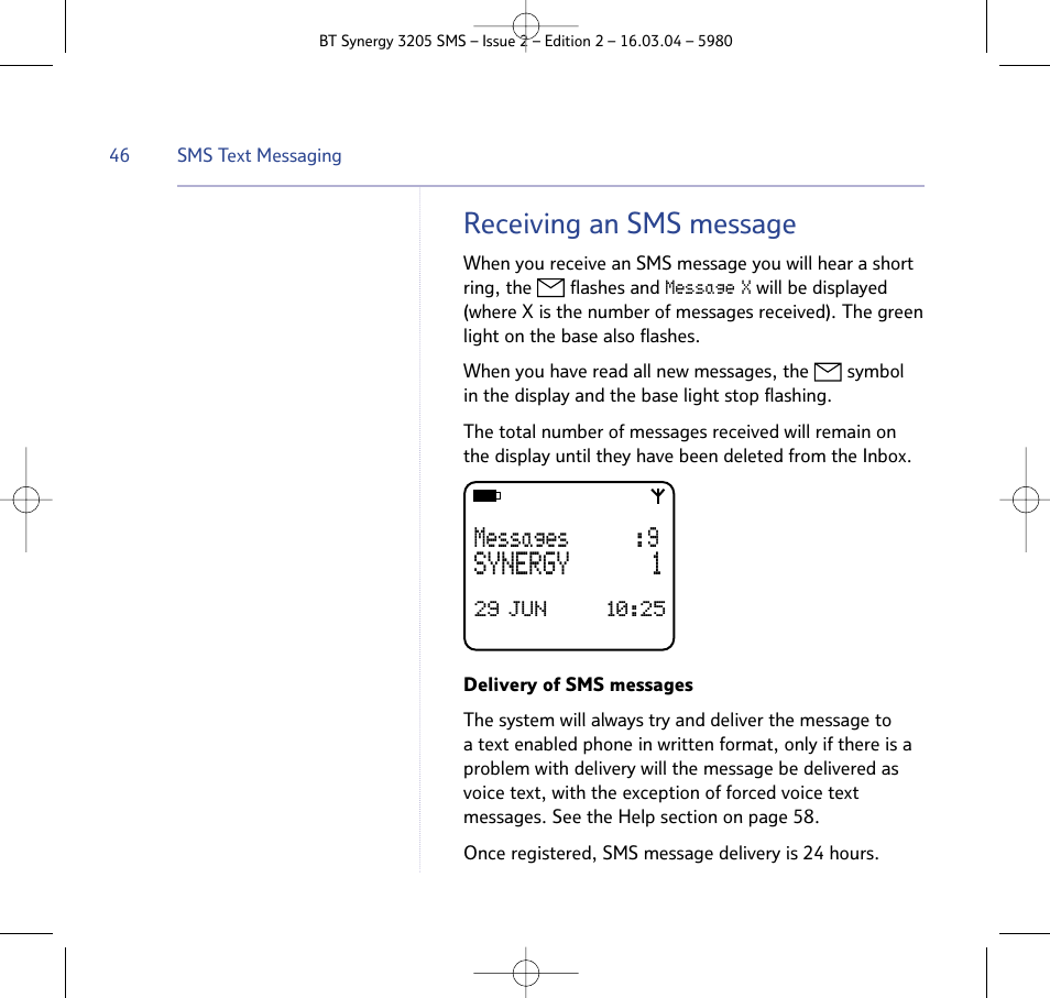 Synergy 1, Receiving an sms message, Messages : 9 | BT 3205 User Manual | Page 46 / 68