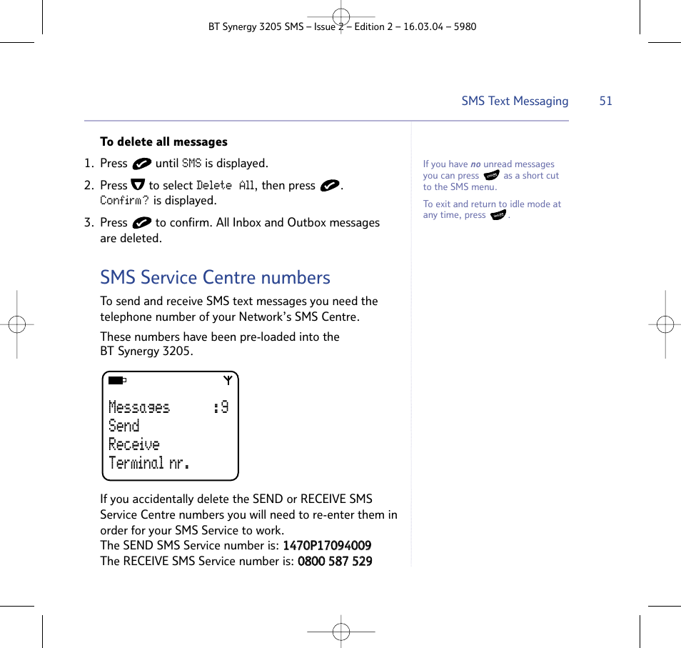 Sms service centre numbers, Messages : 9 send receive terminal nr | BT 3205 User Manual | Page 51 / 68